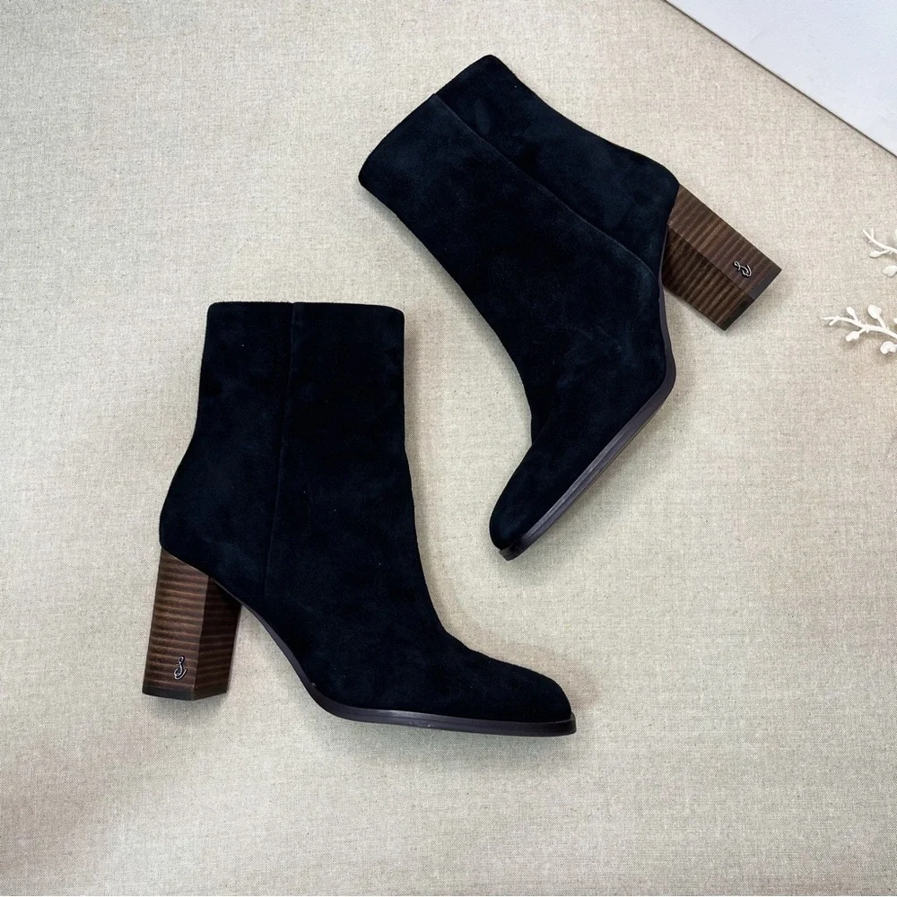 Sam Edelman Osten Black Suede Leather Stacked Heel Mid Calf Boots Shoes 8 - Picture 10 of 15